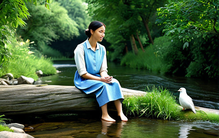 **
"A serene landscape featuring a gently flowing stream surrounded by lush greenery, appropriate attire, safe for work, perfect anatomy, natural proportions, high-quality photograph, a woman fully clothed, modest clothing, sitting peacefully beside the water, professional, family-friendly. Sounds of nature, birds chirping, very calm."
**